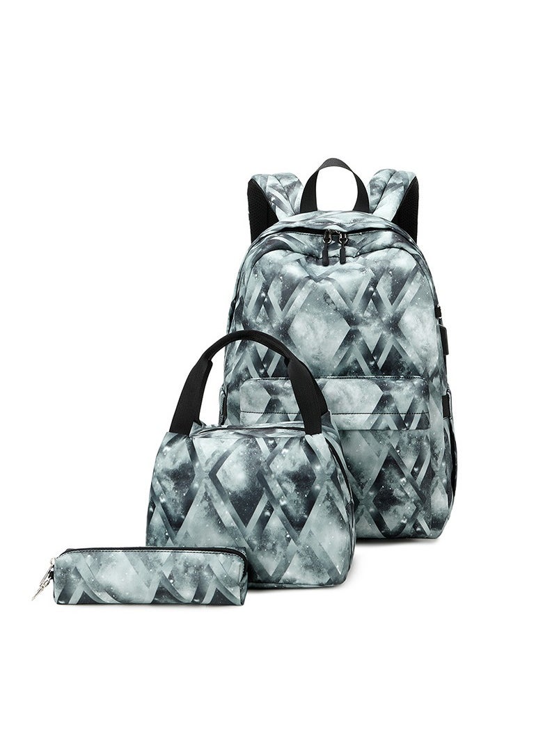 USB Interface Girl Backpack Printed Student Schoolbag Large Capacity Computer Backpack 30*42*14CM + Lunch Bag 22*16*15CM + Pencil Case 20*5.5*4CM Three-piece Set