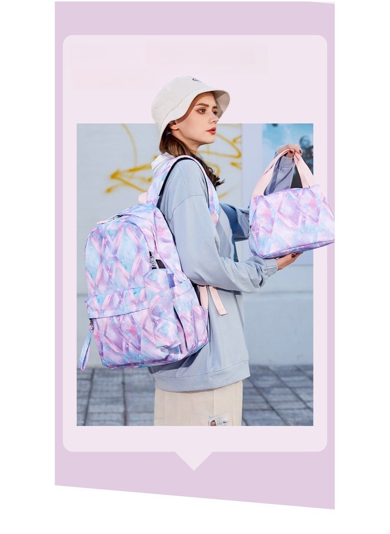 USB Interface Girl Backpack Printed Student Schoolbag Large Capacity Computer Backpack 30*42*14CM + Lunch Bag 22*16*15CM + Pencil Case 20*5.5*4CM Three-piece Set