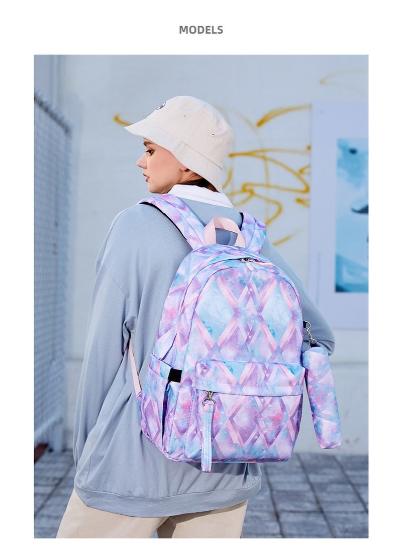 USB Interface Girl Backpack Printed Student Schoolbag Large Capacity Computer Backpack 30*42*14CM + Lunch Bag 22*16*15CM + Pencil Case 20*5.5*4CM Three-piece Set