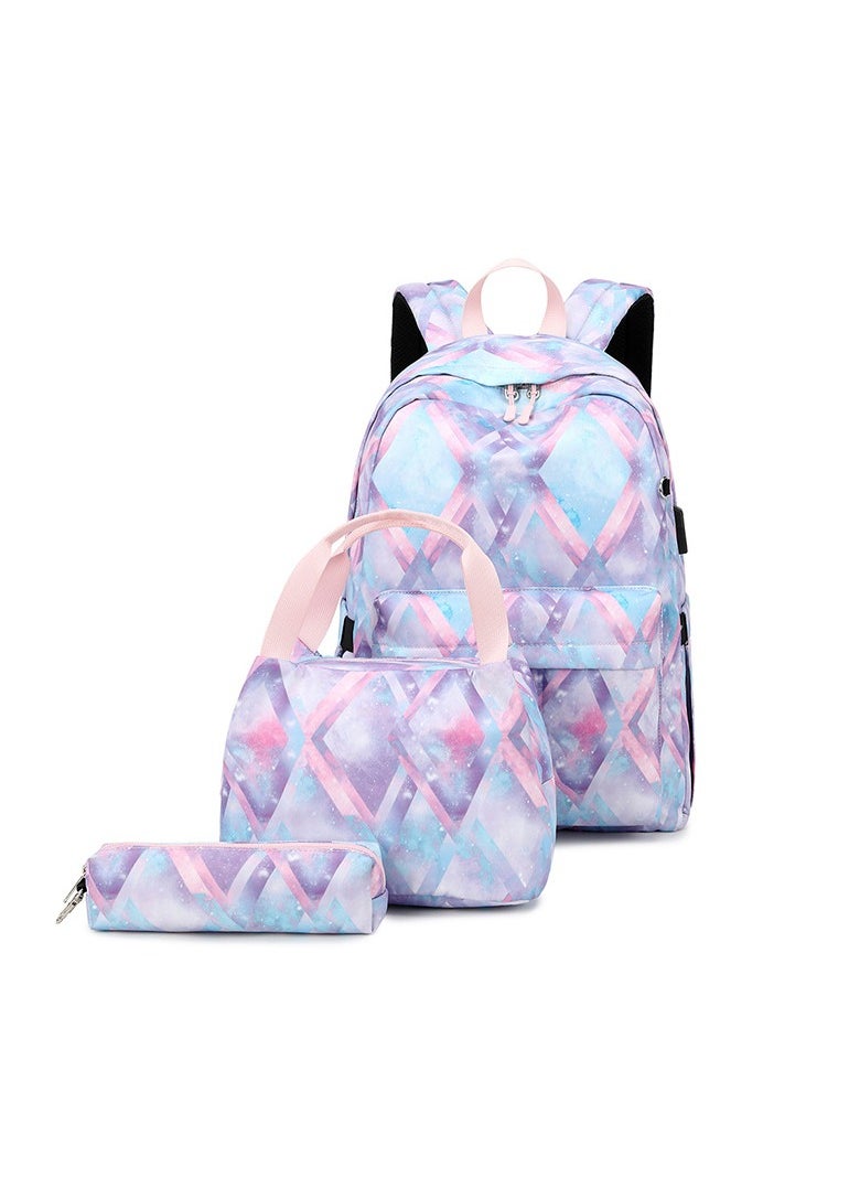 USB Interface Girl Backpack Printed Student Schoolbag Large Capacity Computer Backpack 30*42*14CM + Lunch Bag 22*16*15CM + Pencil Case 20*5.5*4CM Three-piece Set