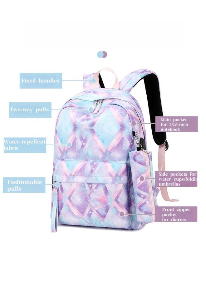 USB Interface Girl Backpack Printed Student Schoolbag Large Capacity Computer Backpack 30*42*14CM + Lunch Bag 22*16*15CM + Pencil Case 20*5.5*4CM Three-piece Set