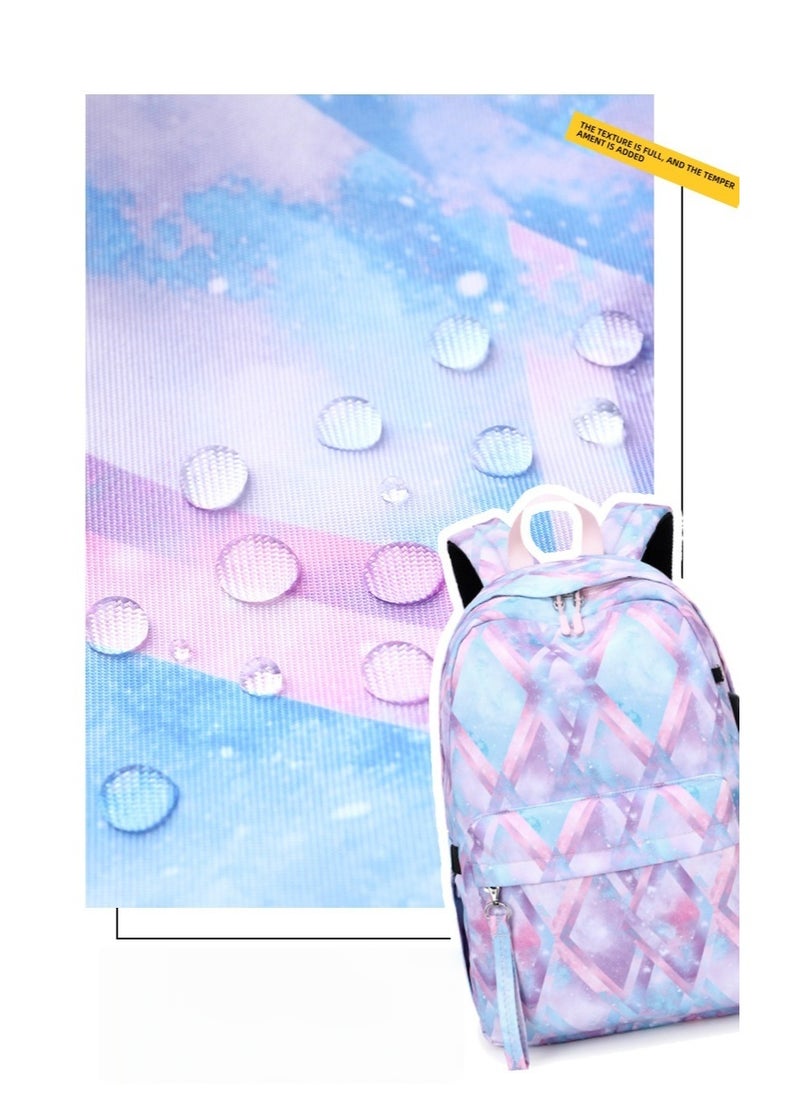 USB Interface Girl Backpack Printed Student Schoolbag Large Capacity Computer Backpack 30*42*14CM + Lunch Bag 22*16*15CM + Pencil Case 20*5.5*4CM Three-piece Set