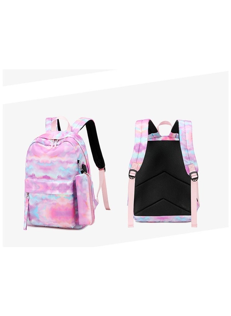 USB Interface Boys and Girls Backpacks With Gradient Printing, Student Schoolbags, Large-capacity Computer Backpacks 30*42*14CM + Insulated Lunch Bags 22*16*15CM + Pencil Cases 20*5.5*4CM Three-piece Set