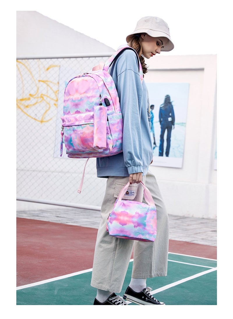 USB Interface Boys and Girls Backpacks With Gradient Printing, Student Schoolbags, Large-capacity Computer Backpacks 30*42*14CM + Insulated Lunch Bags 22*16*15CM + Pencil Cases 20*5.5*4CM Three-piece Set