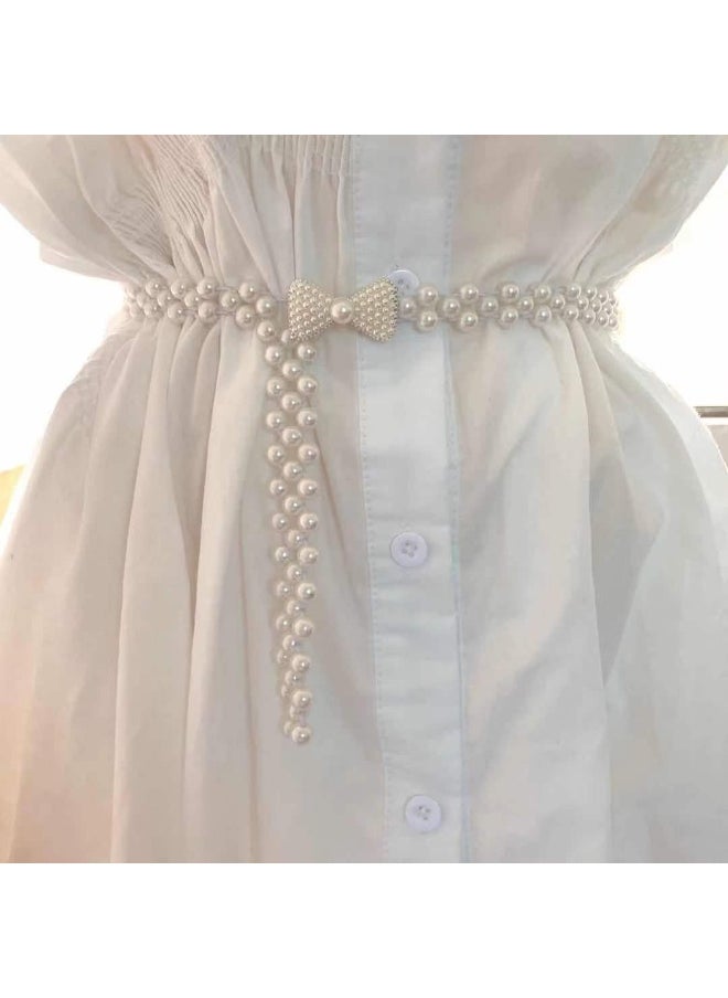 Elastic Pearl Waistband Korean Fashion Diamond Belt for Women Silver Bow