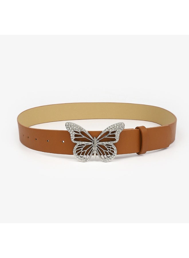 Butterfly Rhinestone Buckle Belt for Women CAMEL