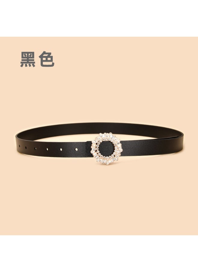 New Ladies Crystal-Studded Belt Fashionable Genuine Leather Buckle 25173-Black