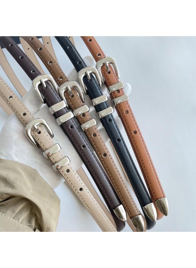 2024 Womens Leather Slim Belt Korean Casual Retro Coffee
