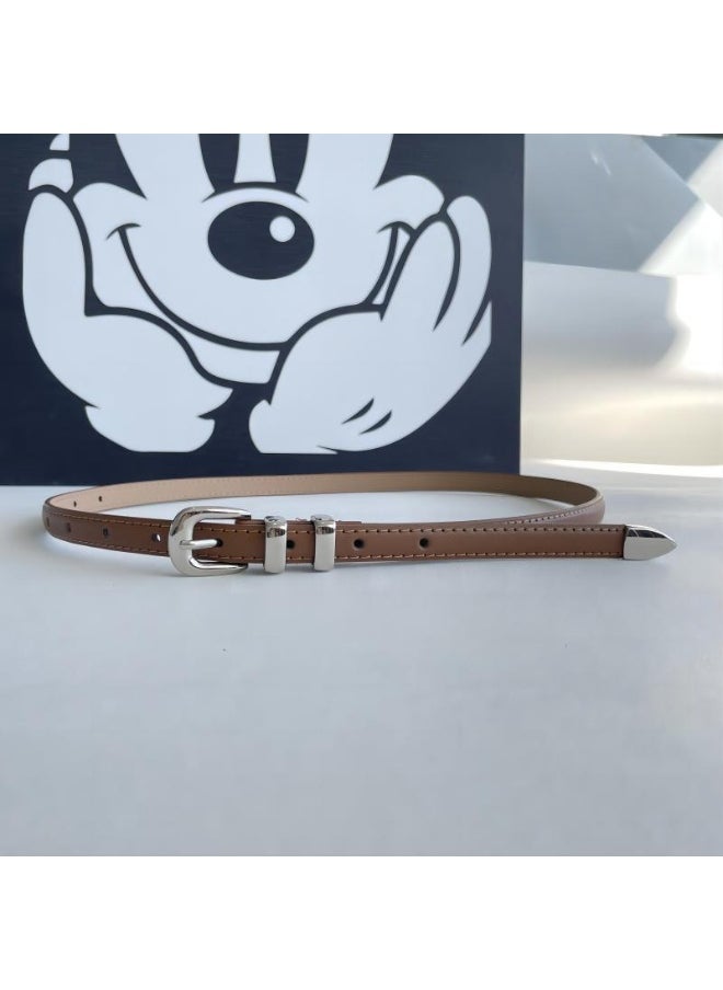 2024 Womens Leather Slim Belt Korean Casual Retro Coffee