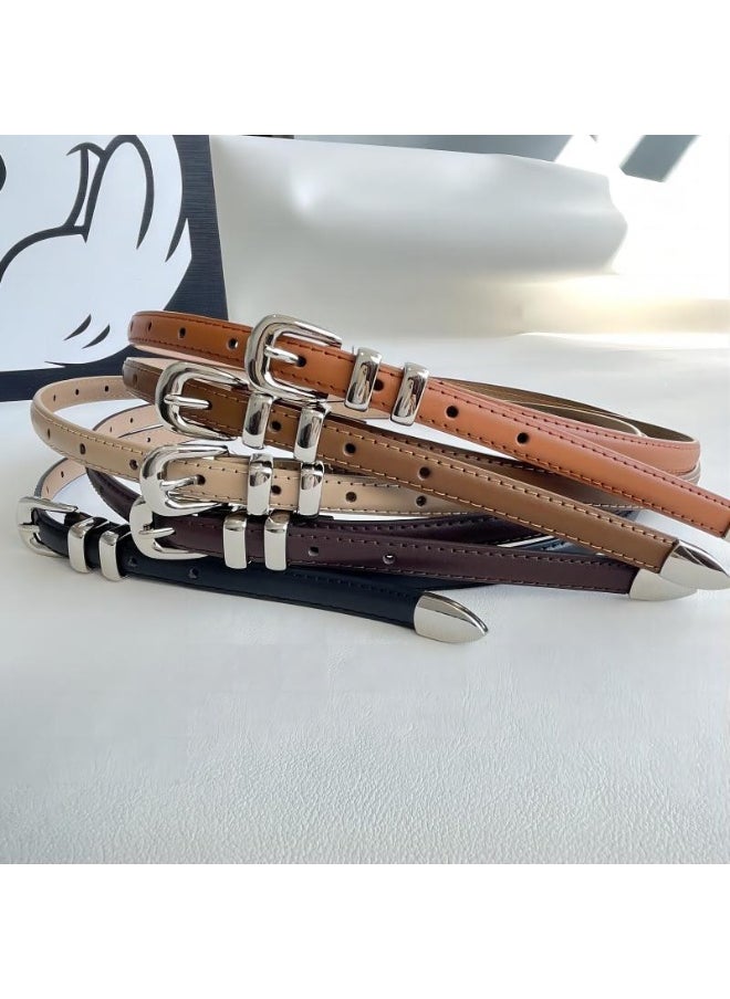 2024 Womens Leather Slim Belt Korean Casual Retro Coffee
