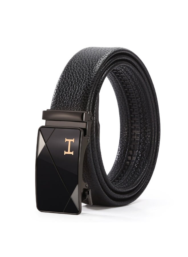 Mens Premium Leather Belt with Automatic Buckle Black I-letter