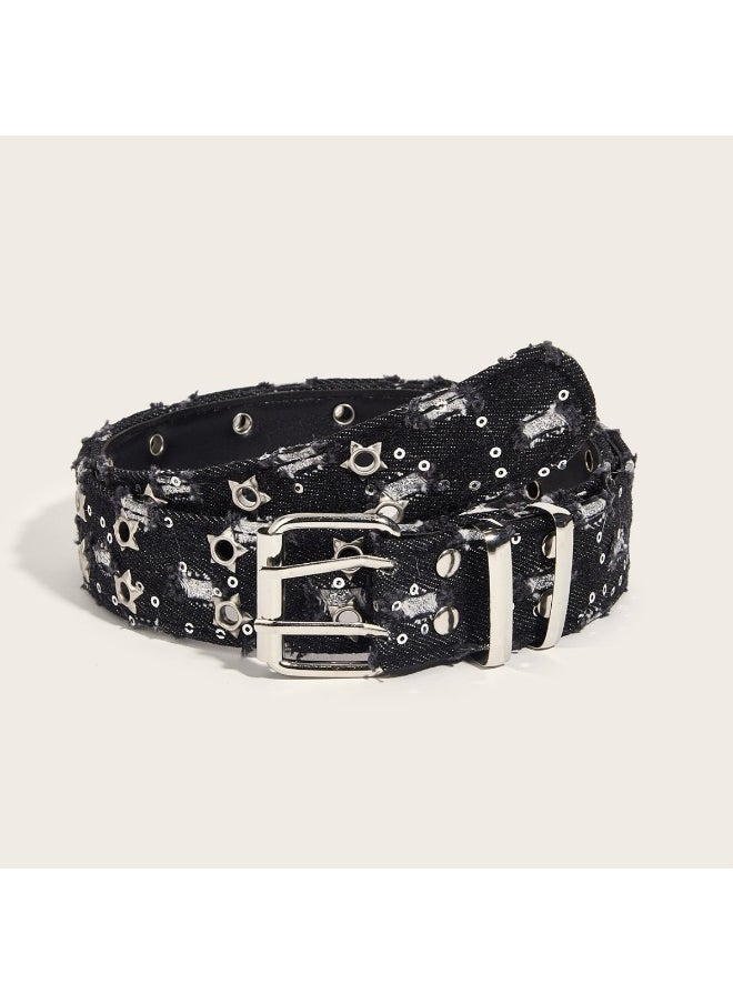 1 x 5 pcs Punk Star Double-Buckle Belt Decorative Denim Denim double row star (black cloth)