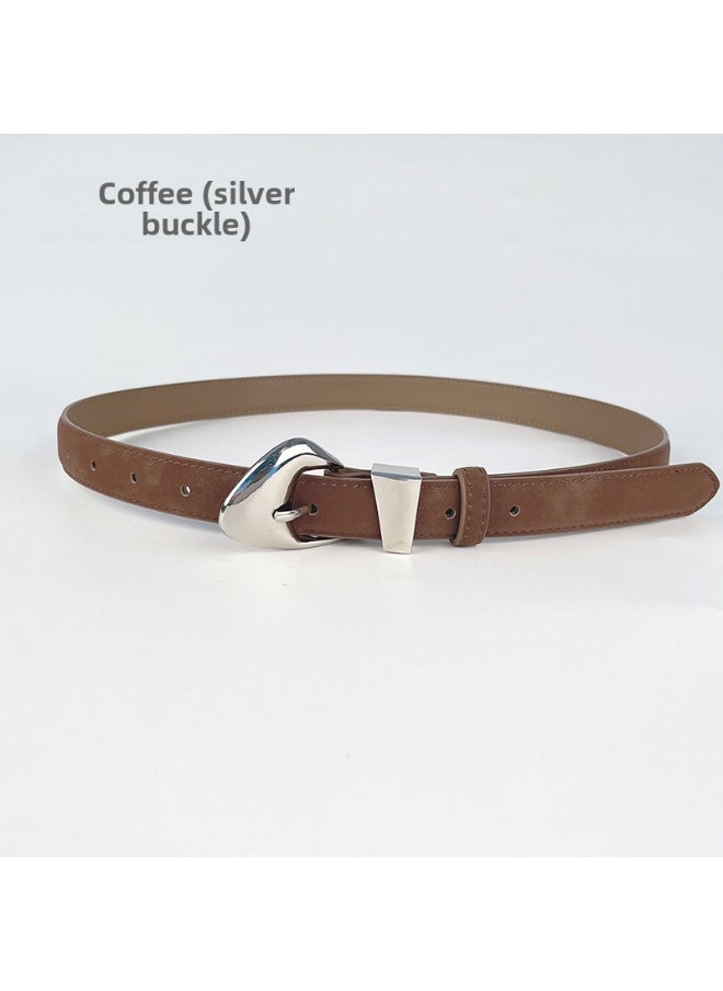 Matte Genuine Leather Ladies Belt Coffee (silver button)