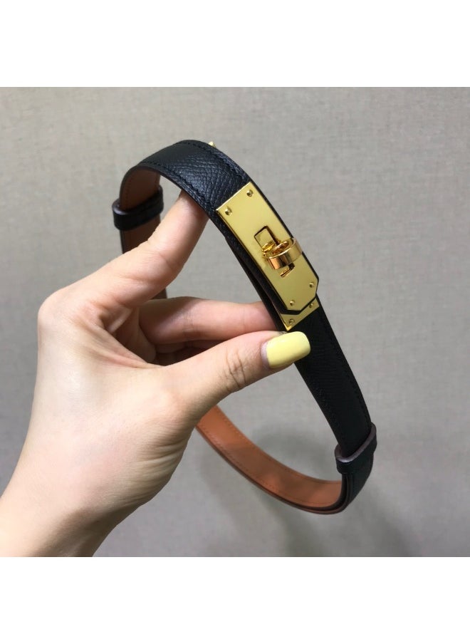 Vintage Versatile Leather Thin Belt for Women Black Gold