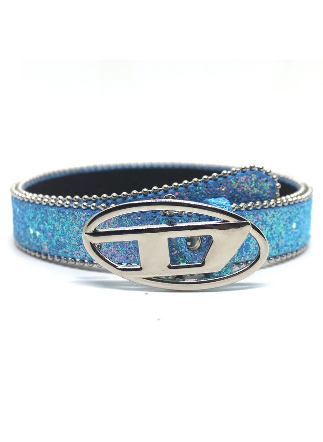 Fashion Trendy D-Buckle Sequined Belt for Denim Glossy sky blue