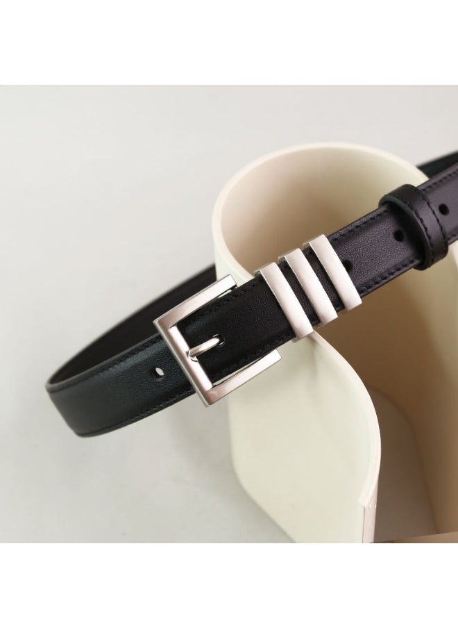 Ladies Slimming Genuine Leather Belt with Vintage Silver Buckle Black