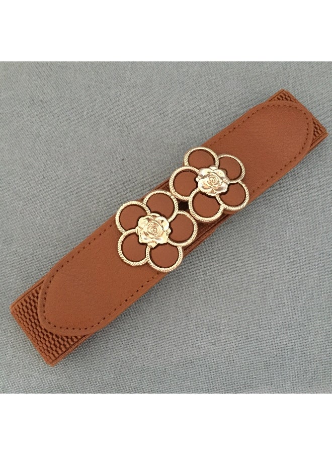 Korean Style Fashionable Sweet Flower Decorative Thin Waist Seal Womens Elastic Casual Belt Elastic BeltYF010 plum brown YF010 plum brown