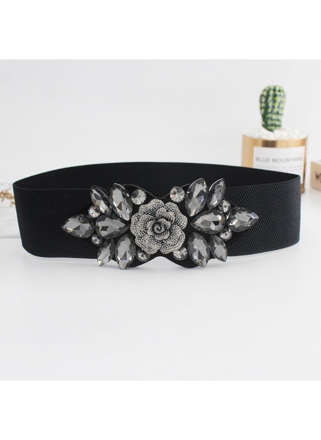 Elastic Crystal-Studded Rose Belt for Women Black Diamond