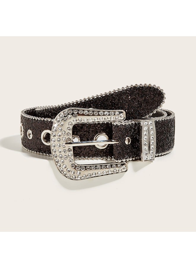 Rhinestone Belt Womens ins Style Wide Belt Decoration European and American Fashion Personality Sequin Jeans with All-match Design Sense 3.8cm Bead Car Edge Bead Size Corn Drill Buckle S Code (Black)