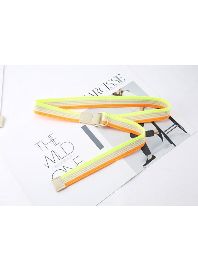 Korean Striped Canvas Belt Unisex Double Ring Buckle Casual Fluorescent orange apricot Green (apricot square buckle belt)