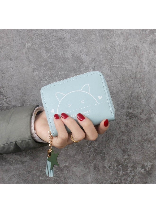 Ladies Cute Cat Pattern Purse Wallet PU Leather Mini Women Wallet Card Holder Organiser Wallet Wristlet Clutch Wallet with Zipper Pocket Coin Purse Phone Wallet with Tassel and Pendant