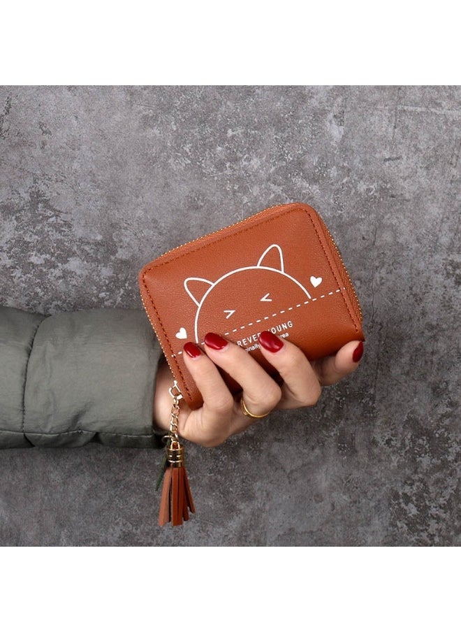 Ladies Cute Cat Pattern Purse Wallet PU Leather Mini Women Wallet Card Holder Organiser Wallet Wristlet Clutch Wallet with Zipper Pocket Coin Purse Phone Wallet with Tassel and Pendant