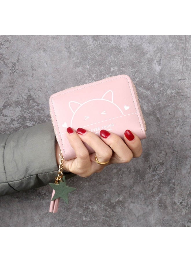 Ladies Cute Cat Pattern Purse Wallet PU Leather Mini Women Wallet Card Holder Organiser Wallet Wristlet Clutch Wallet with Zipper Pocket Coin Purse Phone Wallet with Tassel and Pendant
