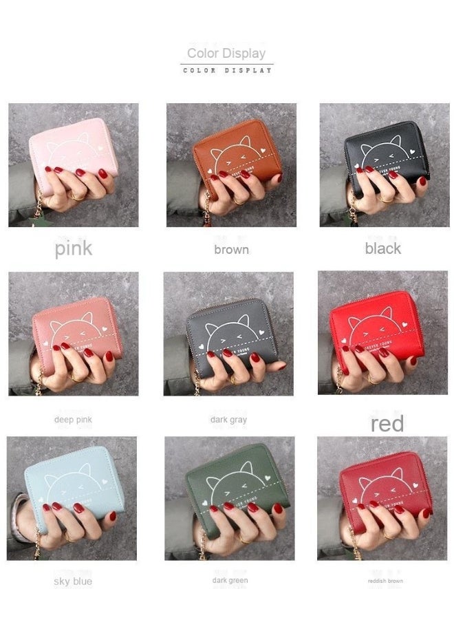 Ladies Cute Cat Pattern Purse Wallet PU Leather Mini Women Wallet Card Holder Organiser Wallet Wristlet Clutch Wallet with Zipper Pocket Coin Purse Phone Wallet with Tassel and Pendant
