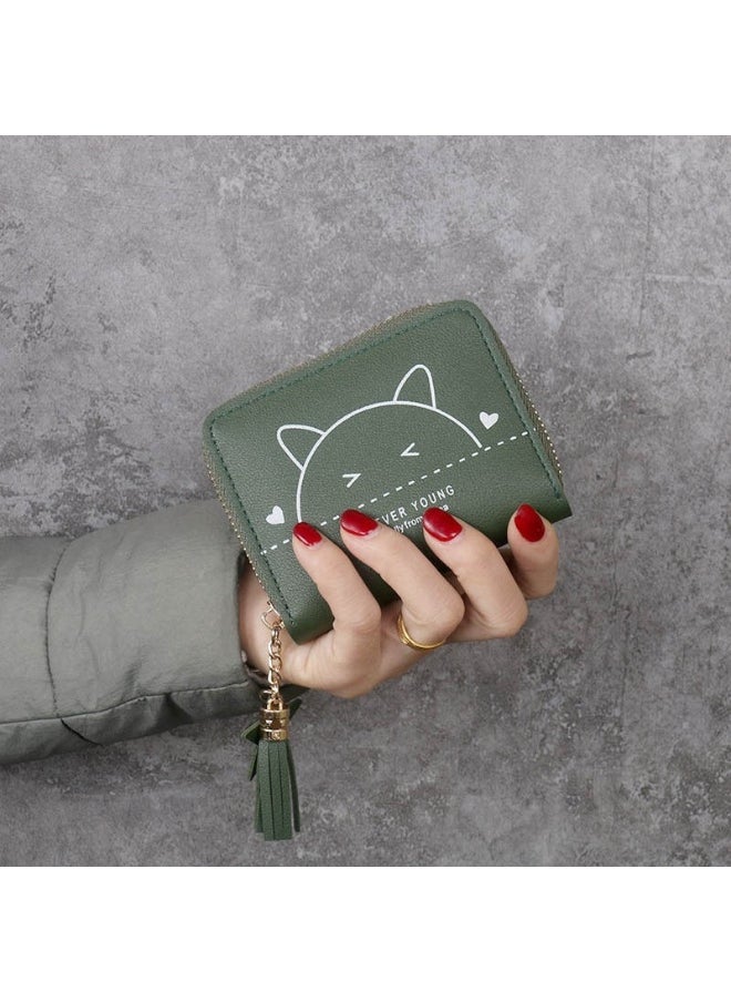 Ladies Cute Cat Pattern Purse Wallet PU Leather Mini Women Wallet Card Holder Organiser Wallet Wristlet Clutch Wallet with Zipper Pocket Coin Purse Phone Wallet with Tassel and Pendant