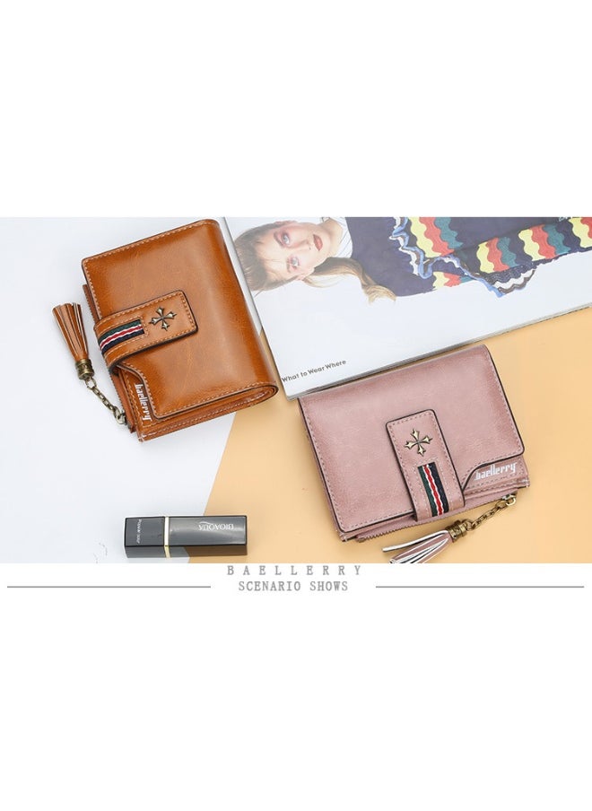 Fashion Women's Wallet Short Korean Oil Wax Leather Fringe Small Purse with Zipper Purse