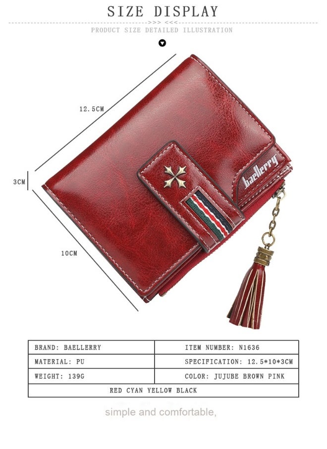 Fashion Women's Wallet Short Korean Oil Wax Leather Fringe Small Purse with Zipper Purse