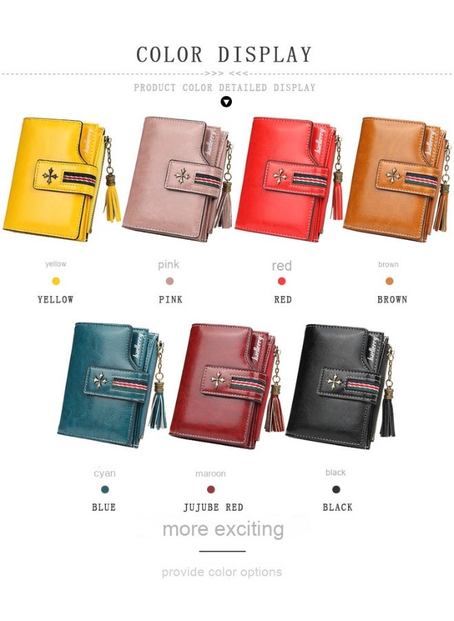 Fashion Women's Wallet Short Korean Oil Wax Leather Fringe Small Purse with Zipper Purse
