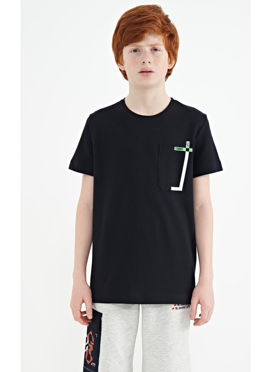 Navy Blue Pocket Detailed O Neck Standard Pattern Boy T-Shirt - 11120
