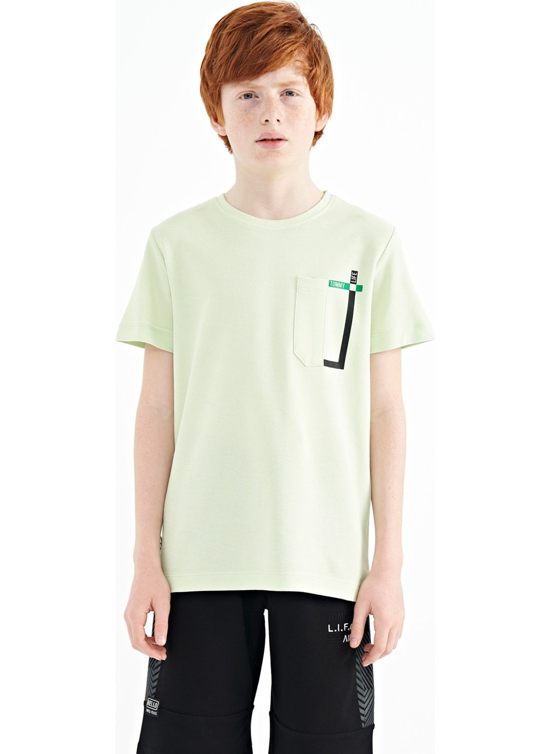 Light Green Pocket Detailed O Neck Standard Pattern Boy T-Shirt - 11120