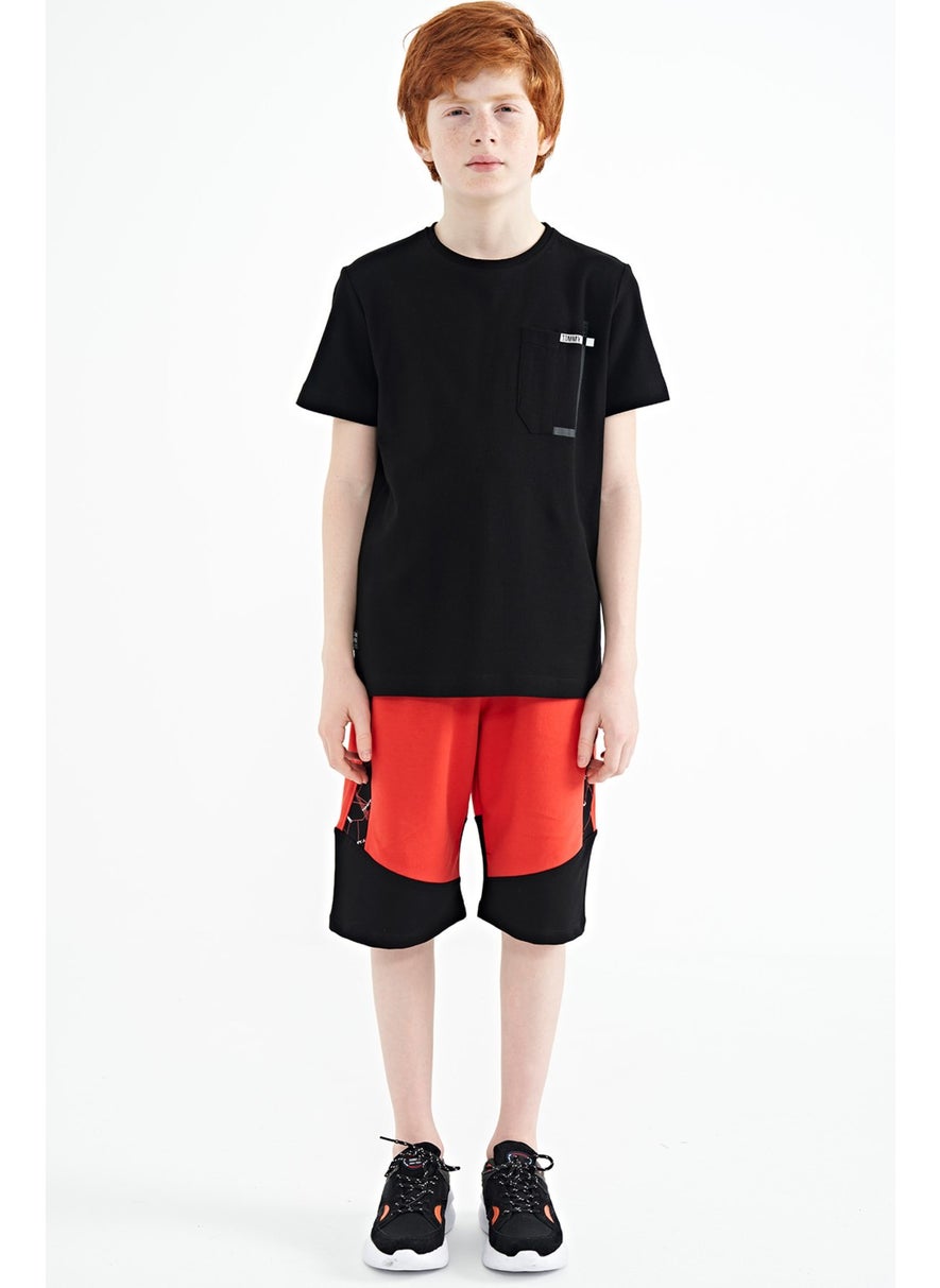 Black Pocket Detailed O Neck Standard Pattern Boy T-Shirt - 11120