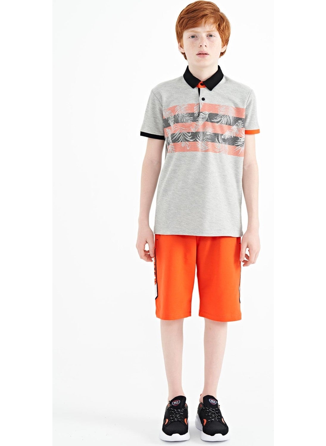 Gray Melange Print Detailed Standard Pattern Polo Collar Boy T-Shirt - 11101