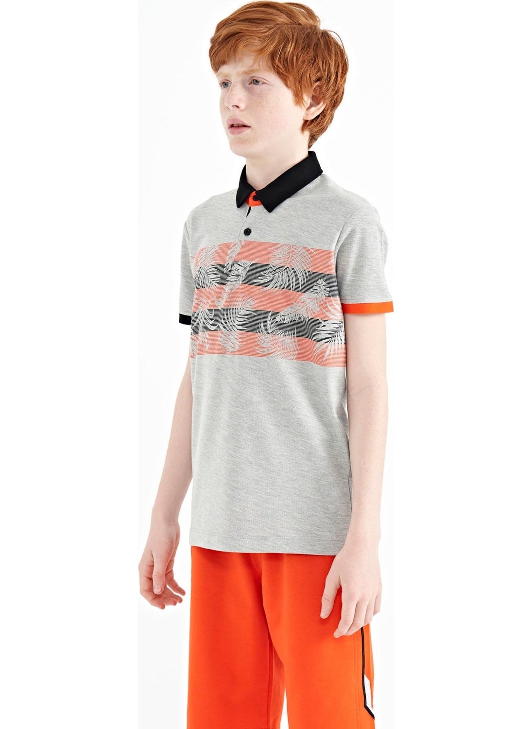 Gray Melange Print Detailed Standard Pattern Polo Collar Boy T-Shirt - 11101