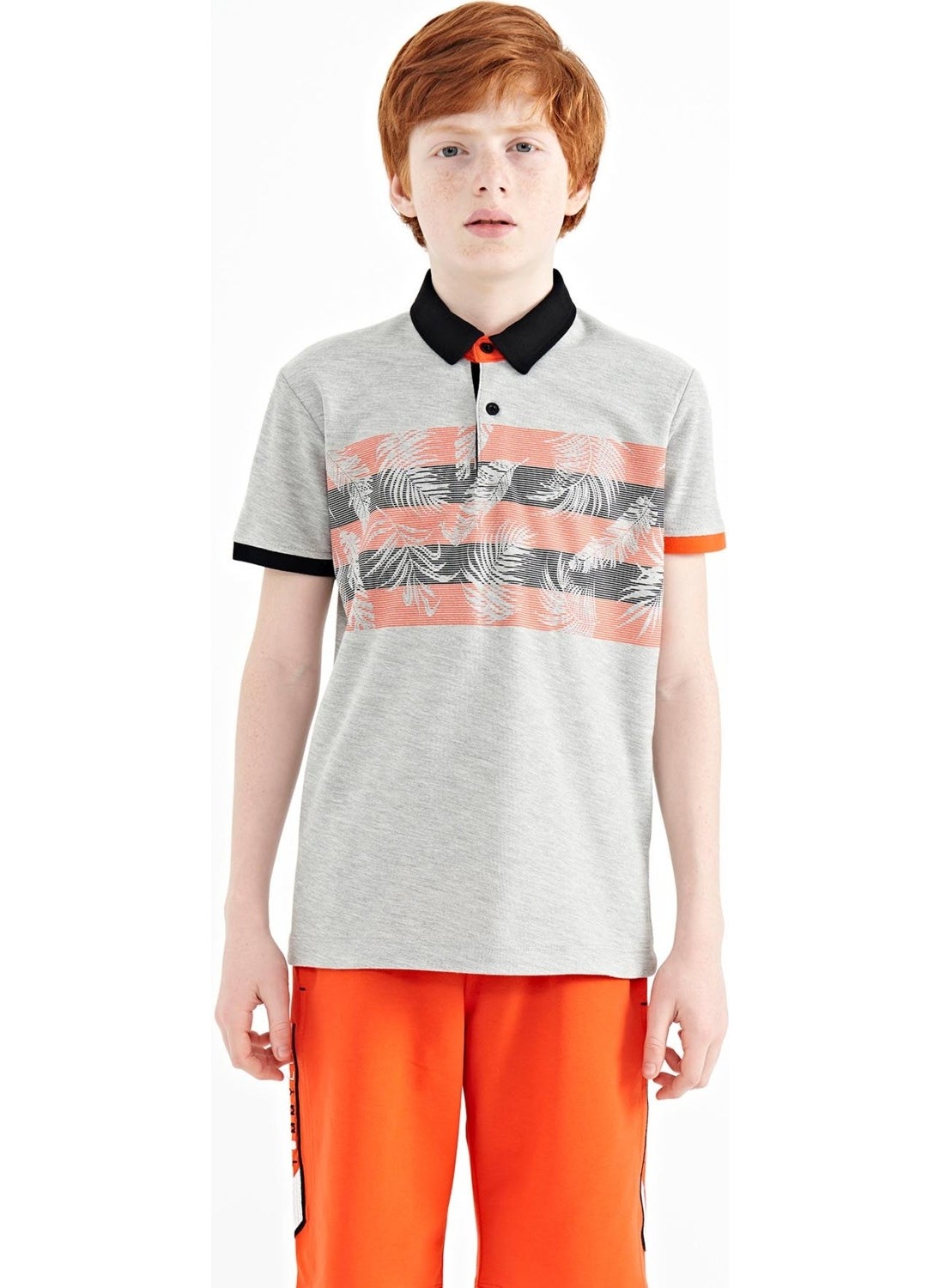 Gray Melange Print Detailed Standard Pattern Polo Collar Boy T-Shirt - 11101
