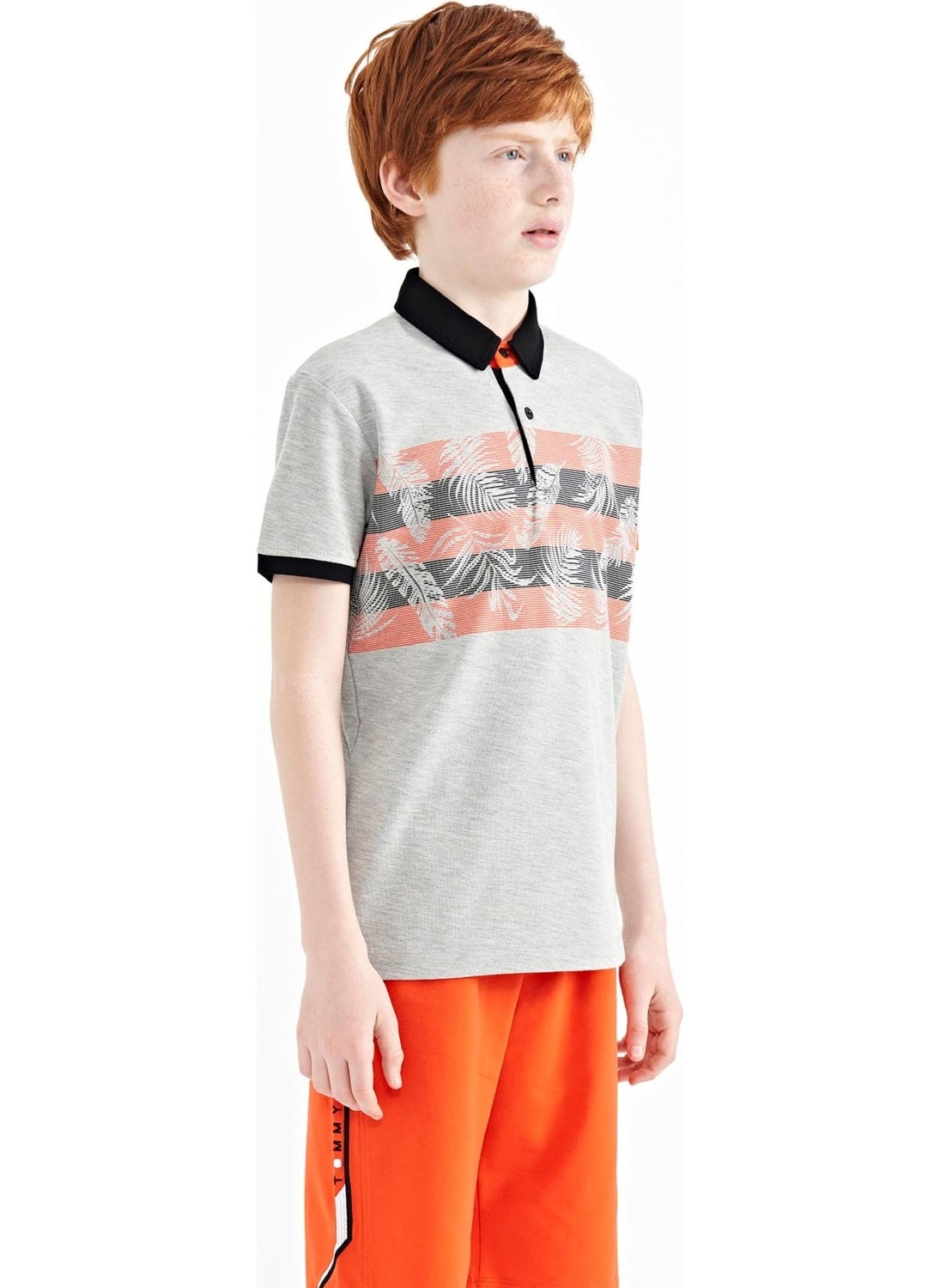 Gray Melange Print Detailed Standard Pattern Polo Collar Boy T-Shirt - 11101
