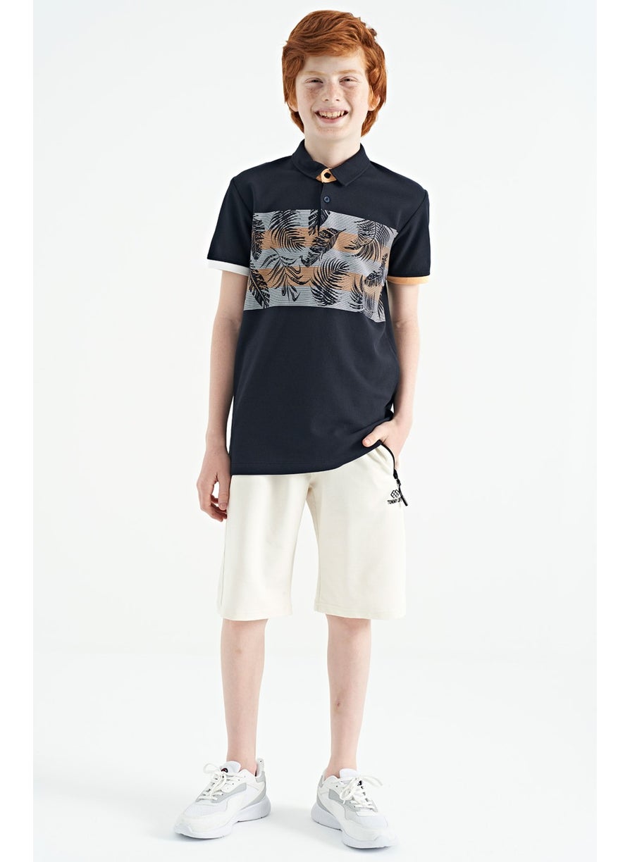 Navy Blue Print Detailed Standard Pattern Polo Collar Boy T-Shirt - 11101