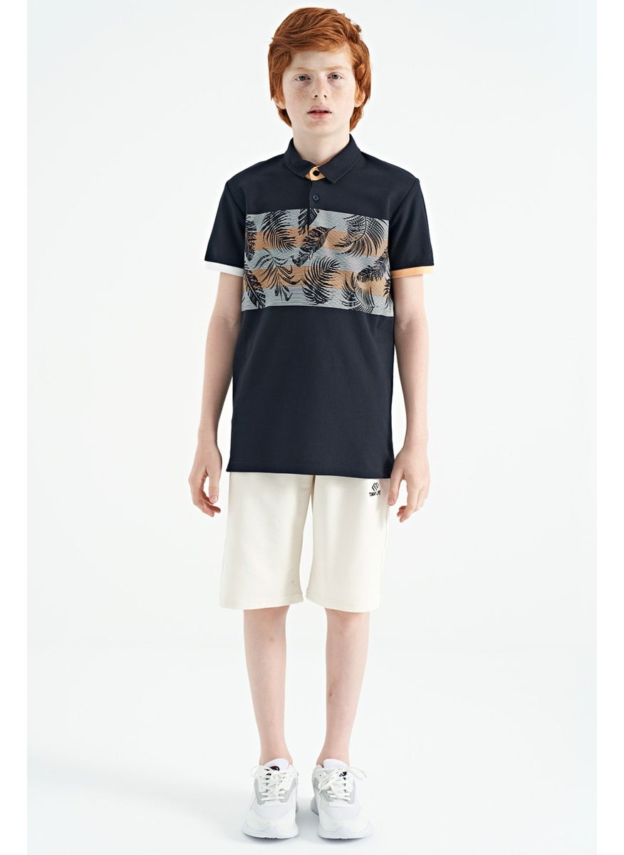 Navy Blue Print Detailed Standard Pattern Polo Collar Boy T-Shirt - 11101