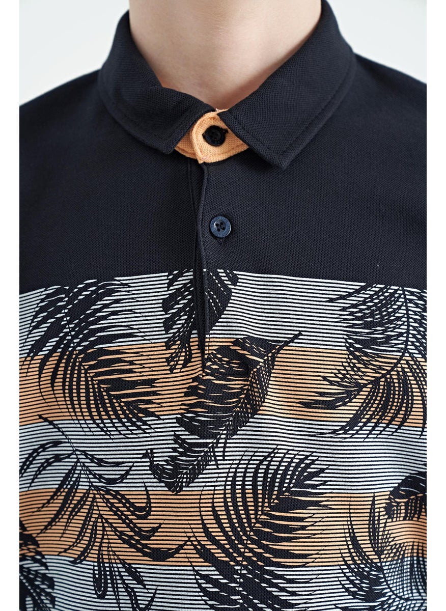 Navy Blue Print Detailed Standard Pattern Polo Collar Boy T-Shirt - 11101