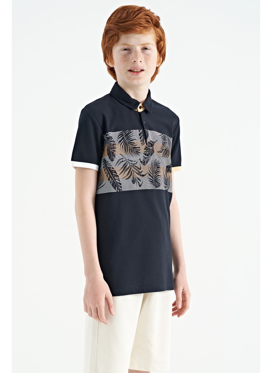 Navy Blue Print Detailed Standard Pattern Polo Collar Boy T-Shirt - 11101