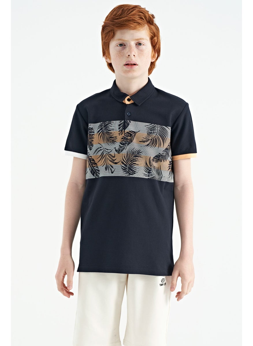 Navy Blue Print Detailed Standard Pattern Polo Collar Boy T-Shirt - 11101