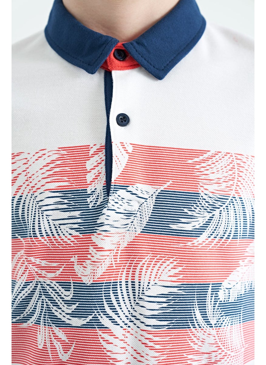 White Print Detailed Standard Size Polo Collar Boy T-Shirt - 11101