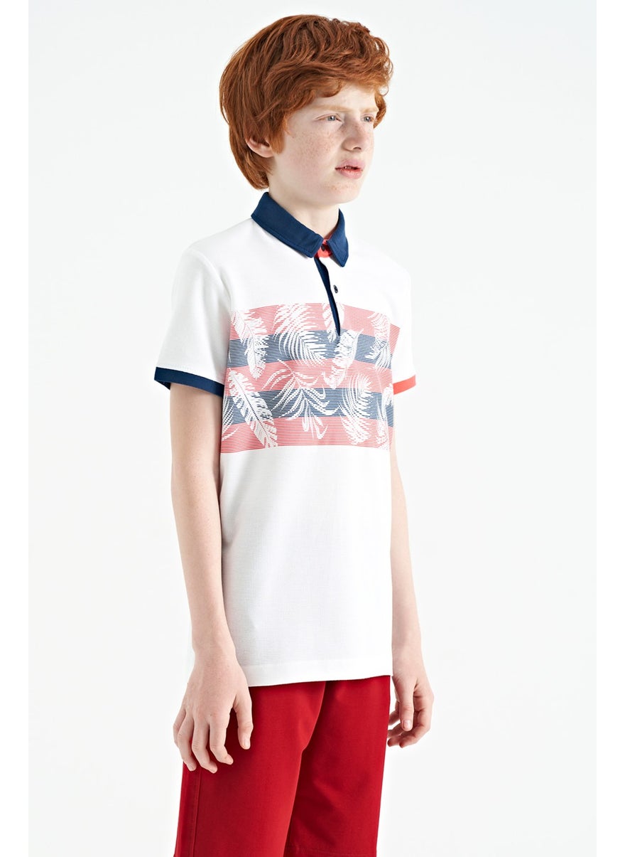 White Print Detailed Standard Size Polo Collar Boy T-Shirt - 11101