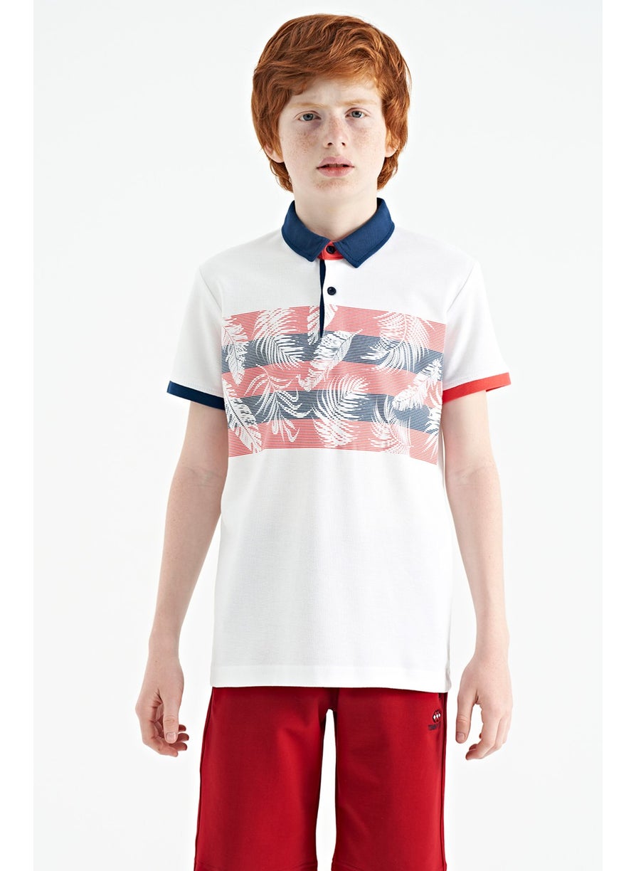White Print Detailed Standard Size Polo Collar Boy T-Shirt - 11101