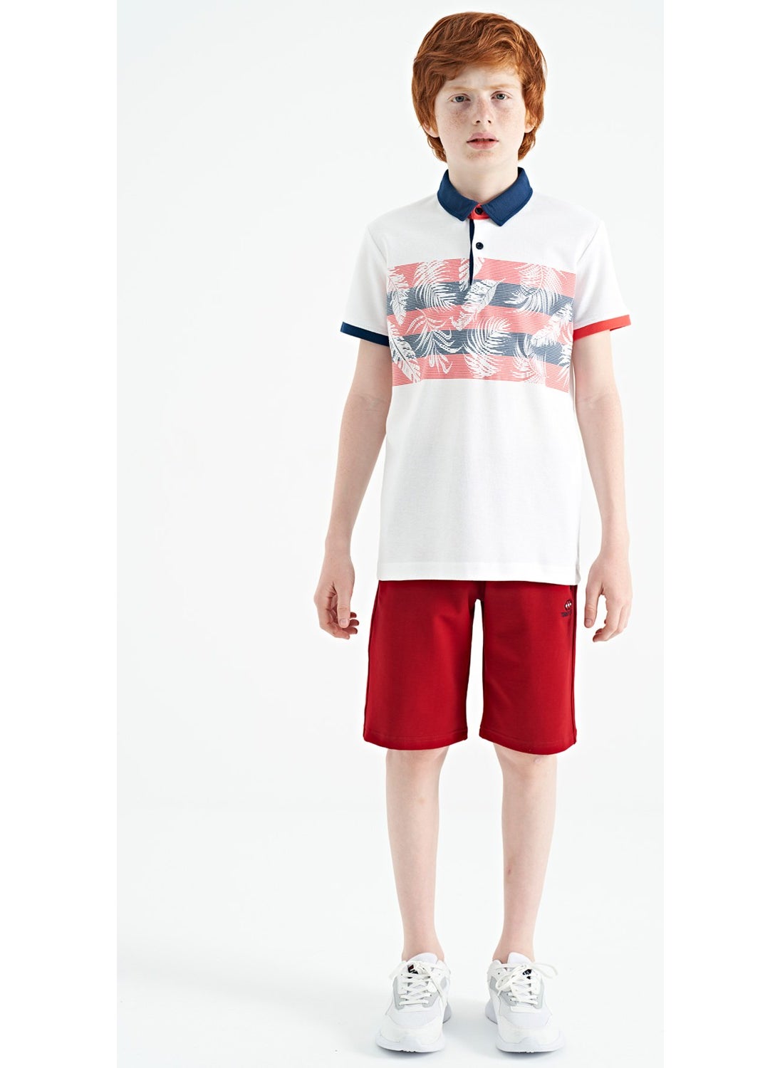 White Print Detailed Standard Size Polo Collar Boy T-Shirt - 11101