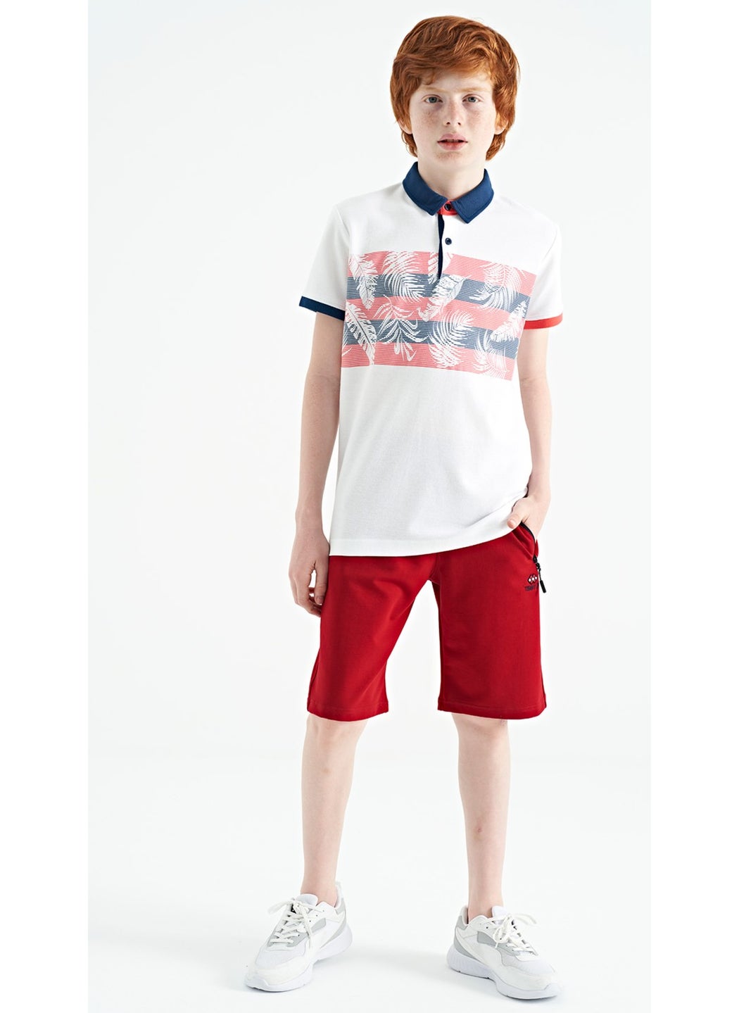 White Print Detailed Standard Size Polo Collar Boy T-Shirt - 11101