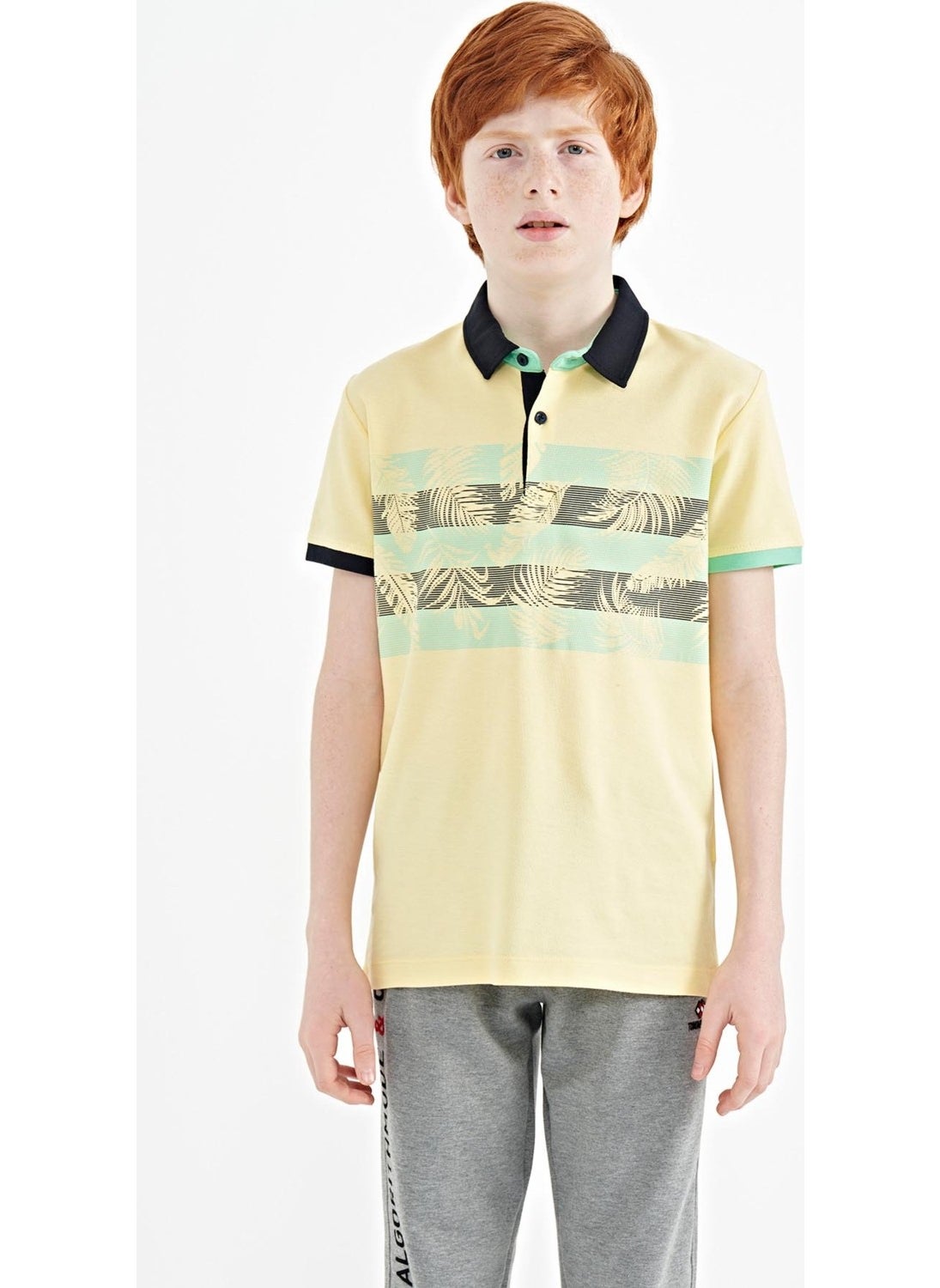 Yellow Print Detailed Standard Size Polo Collar Boy T-Shirt - 11101